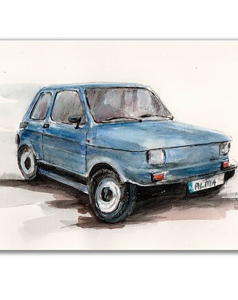 Akwarela ręcznie malowana  samochód Fiat 126p, Galeria Alma