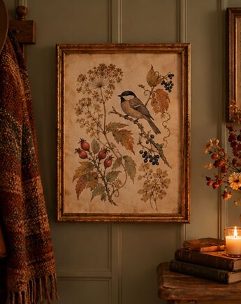 PLAKAT sikorka, vintage ilustracja botaniczna, jesienna dekoracja, black dot studio