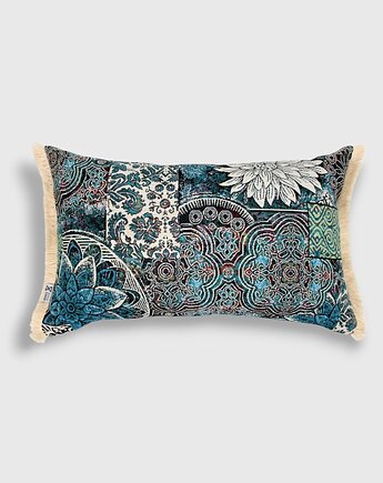 Turkusowa poduszka dekoracyjna patchwork z frędzlami 55x35 Alkione, Mental Ether