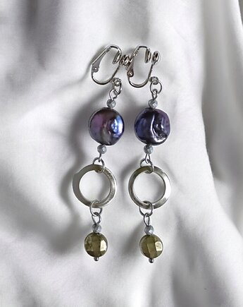 LUX. UNIKATOWE klipsy : granatowe perły i piryt, kaktusia