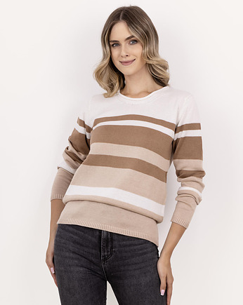 Sweter w paski z ciekawym dekoltem - SWE343 beż/ecru/mocca MKM, MKMswetry