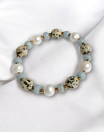 Anielska bransoletka : angelit, perły, jaspis : na gumce, kaktusia