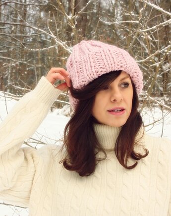 Czapka  beanie pudrowy róż  z wełną, Mademoiselle Patrini