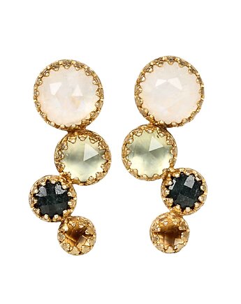 Złote kolczyki z kamieniem księżycowym, prehnitem, turmalinem i cytrynem, Blooming Stones