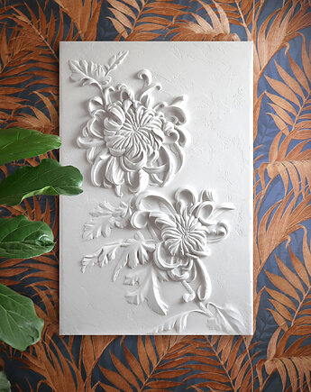 Chryzantema - gipsowa płaskorzeźba, dekoracja ścienna, obraz strukturalny, Tati WALLART