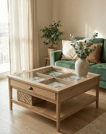 Stolik kawowy drewniany, dębowy lakierowany w stylu retro, PiorunowoSzafa