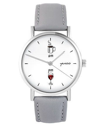 Zegarek - Kawa i wino - skóra, szary, yenoo