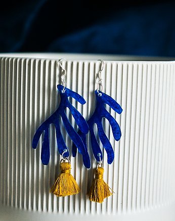 Długie szafirowe kolczyki z chowstami w kolorze musztardowym, Pintura