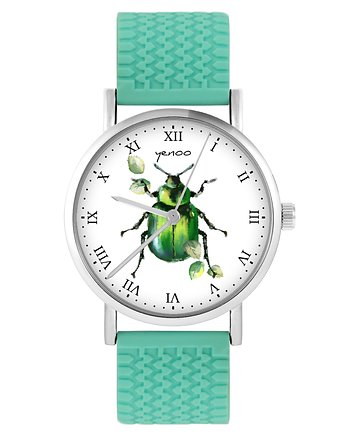 Zegarek - Zielony żuczek - silikonowy, turkus, OKAZJE - Prezent na Wieczór kawalerski