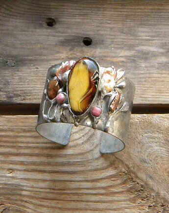 Agat / perły / rodonit - rośliny   - BRANSOLETA MANKIET  CUFF, Beata Trotter