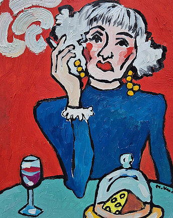 Obraz  fowizm dama ser, wino i papieros, alice oil on canvas