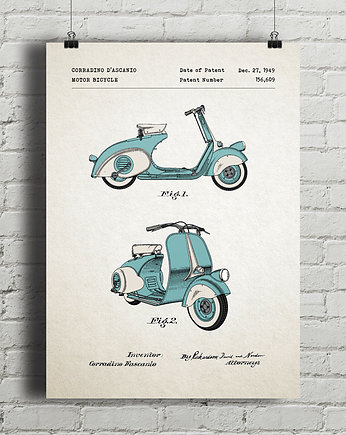 Vespa skuter - patent - plakat vintage, minimalmill