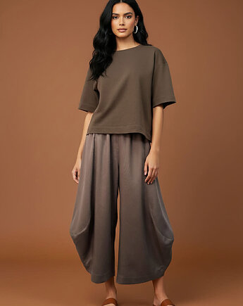 Spodnie eleganckie jedwabne MAUII 80% silk FUNGO brązowo-szare, OTTAVIANO Dominika Mlynczak