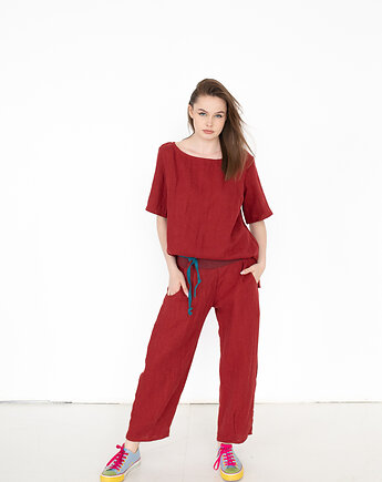 Spodnie lniane bordowe, len polski, NavahoClothing