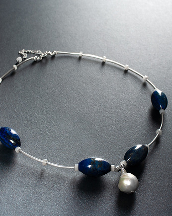 Elegancki srebrny naszyjnik z perłą i lapis lazuli. [PN1], Anillito