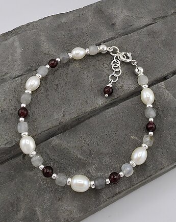 Bransoletka srebrna z perłami, labradorytem, granatem, RayOfArt