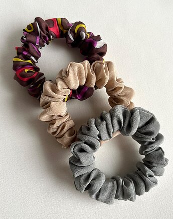 3 jedwabne gumki scrunchies - Joy, Beige Silk & Grey Silk, Volie Line