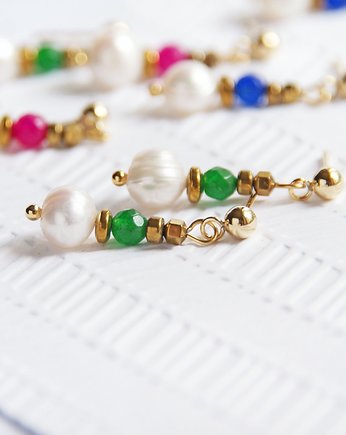 Urocze  kolczyki pozłacane : perły & jadeit : zieleń, kaktusia