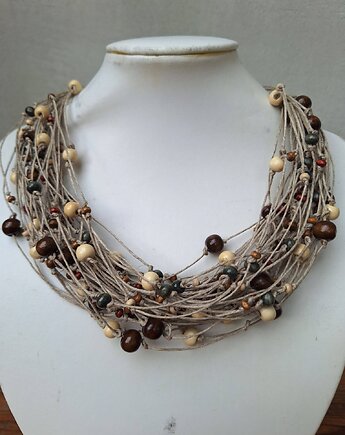 Naszyjnik lniany z kolorowym drewnem.Zimisty, cynamonn