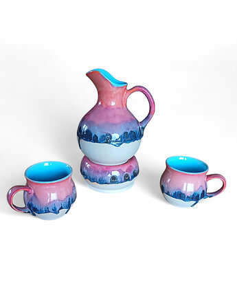 Dzbanek z kubkami i podgrzewaczem. Zestaw do gorących napoi, Manufaktura Kafli