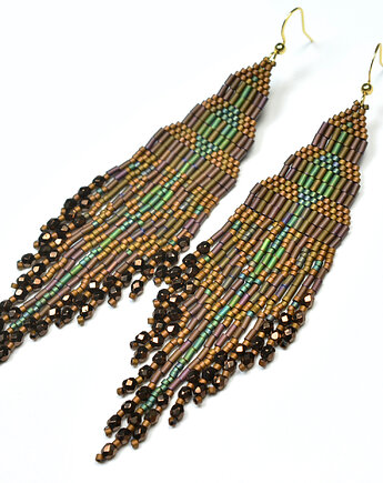Foghar, brązowo-zielone "indiańskie" kolczyki, beading, Sol