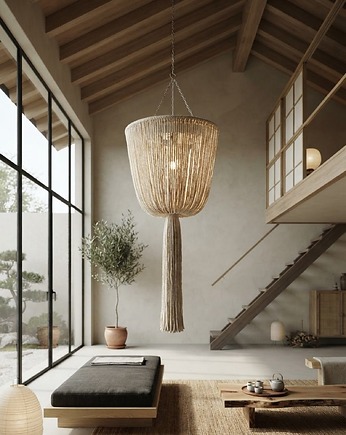 Duża lampa makrama XXL do wysokiego sufitu, Zaplątana W Sznurki