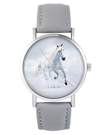 Zegarek - Biały koń biegnący - skóra, szary, yenoo