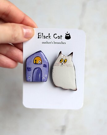 Komplet broszek Kotek duszek + Domek. Ręcznie malowane, Black Cat