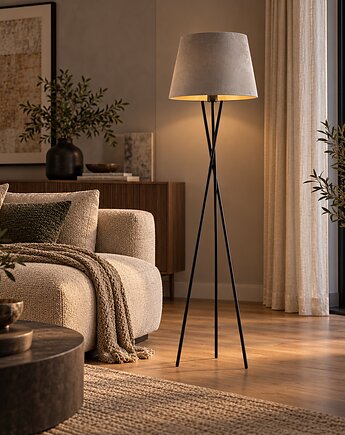 Skandynawska lampa stojąca na trójnogu do salonu z abażurem TOKIO VELUR, LYSNE