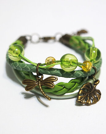Bransoletka - Zielona ważka, monstera - rzemienie, brąz, yenoo