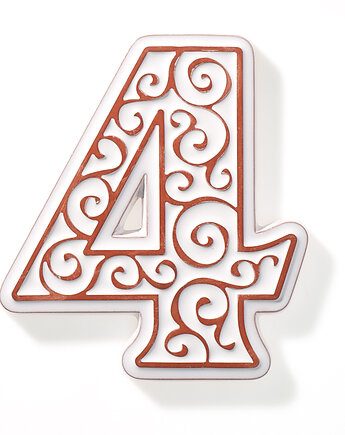 Numer domu, cyfra 4, biała z brązowym ornamentem, pracowniazona