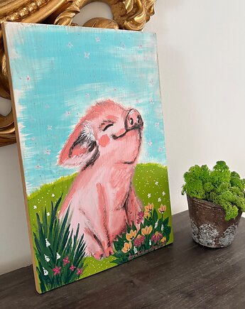 Szczęśliwa świnka - chwila beztroski na łące obraz na drewnie, Misty Art Studio