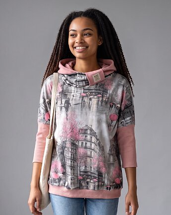 Bluza Auri Lili Guna Paryż różowe parasolki oversize M/38 unikat, Auri Lili