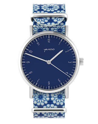 Zegarek - Simple granatowy - niebieski, kwiaty, yenoo