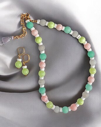 HOT TREND : komplet : naszyjnik, kolczyki : pastelle : jadeit 10mm, kaktusia