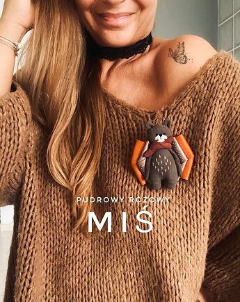 Artystyczna Brosza z niesamowitym Misiem! Pop Art MIŚ, Pudrowy Różowy