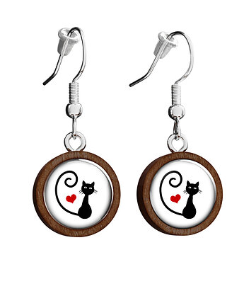 Kolczyki drewniane - Kotek, serce - wiszące, yenoo