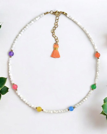 Choker : muszla biała i kolorowy jadeit  : summer collection, kaktusia