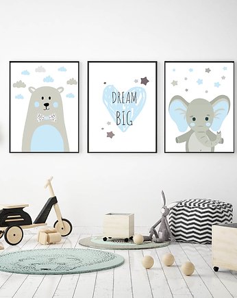 3 plakaty dla dzieci Dream big błękit, sielankowo