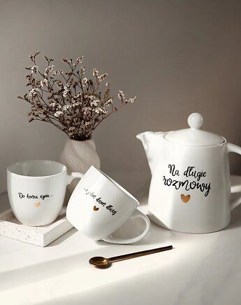 Zestaw biały porcelanowy dzbanek 1 litr i 2 kubki porcelanowe 300 ml - motyw , Nadzwyczajnie