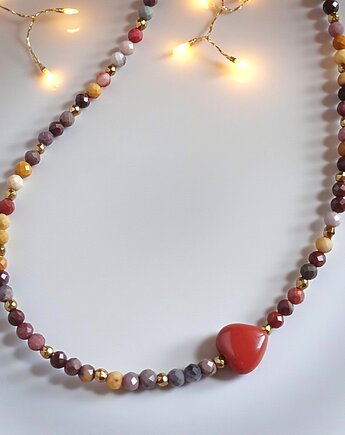 Choker z serduszkiem : mokait, jaspis królewski, kaktusia