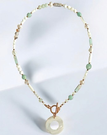 Naszyjnik : perły , muszla, amazonit, jaspis cesarski :: light, kaktusia