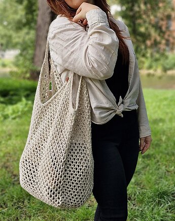Ekologiczna torba siatka ze sznurka, beżowa