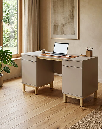 Biurko B-MODEL-1 z dwiema szufladami szafkami, szarobeżowe, kaszmirowe, 140x60, VERYSIMPL