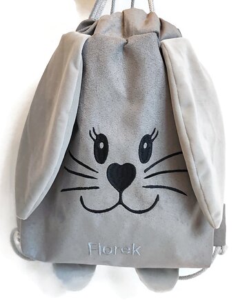 Worek szary dla przedszkolaka z imieniem zajączek uszy, Made by Joan