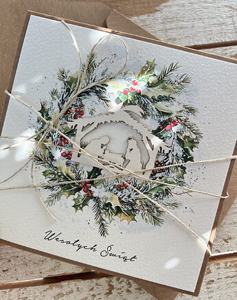 Kartka świąteczna ręcznie robiona na Boże Narodzenie - szopka, sorte