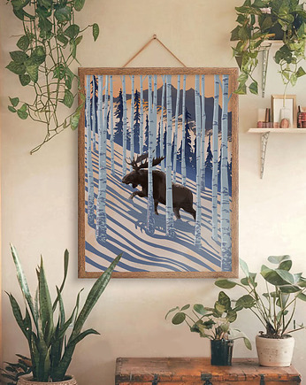 Plakat przyrodniczy Łoś na śniegu - Zimowy las, minimalmill