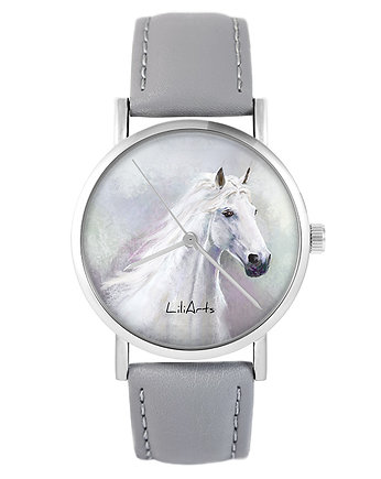 Zegarek - Biały koń - skóra, szary, yenoo