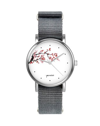 Zegarek  mały - Kwiat wiśni - nylonowy, szary, yenoo