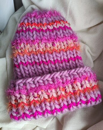 Wełniana kolorowa czapka na drutach WOOLLY orange and pink, Po.dziergane